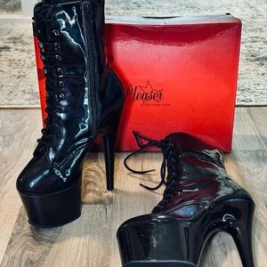 Pleaser Black Patent Platform Boots Lace Up Zip Stiletto Dancer Heels NEW